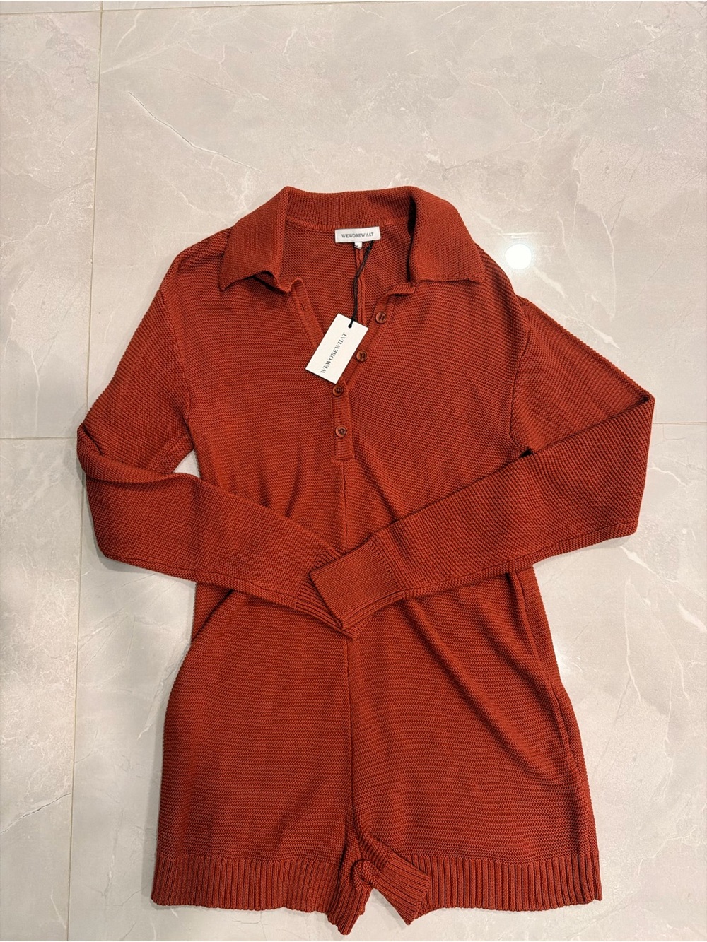 Shop WEWOREWHAT Ribbed Polo Romper Dress in Rust